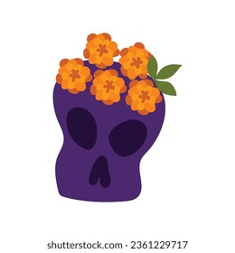 Skull with marigold flowers. Ritual. An offering. Day of the Dead. Isolated object.  Vector illustration 