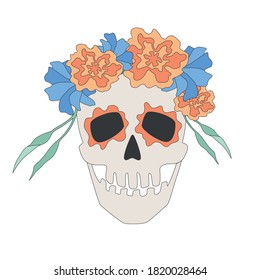 Skull in marigolds for the Day of the Dead. Vector, isolated illustration 
