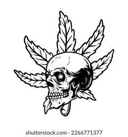 Calavera con hoja de marihuana. Elemento de diseño para logotipo, emblema, signo, afiche. Ilustración del vector