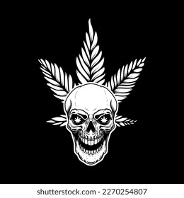 Schädel mit Marihuana-Blatt. Design-Element für Logo, Emblem, Schild, Poster. Vektorgrafik
