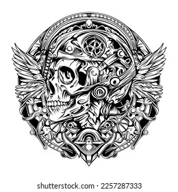 Skull Marine Wings Silhouette Outline Drawing 