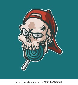 skull mascot biting candy, this spooky and catchy image is suitable for esports team logos or for youth communities such as skateboards or others, also suitable for t-shirt designs or merchandise
