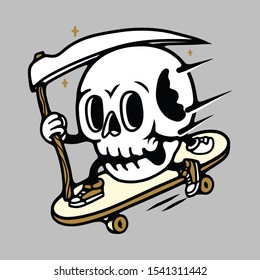 Skull Mascot Cartoon Skateboarding Graphic Illustration Vector Art T-shirt Design