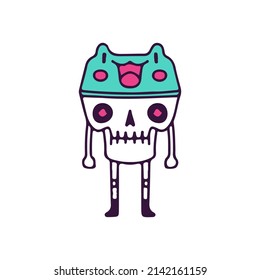 Skull mascot with frog hat, illustration for t-shirt, street wear, sticker, or apparel merchandise. With doodle, retro, and cartoon style.