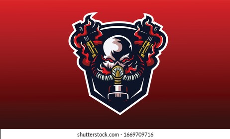 logotipo de mascota de cráneo con una máscara de gas de color rojo, para su equipo de puertos