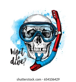 Skull in a Mask of a diver with tube. Vector illustration.