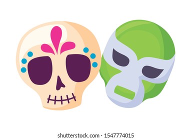 skull with mask fighter icons traditional mexican vector illustration design