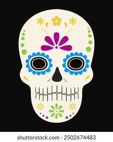 Skull mask with floral ornament. Day of the Dead. Dia de los muetros. Traditional Mexico decoration isolated on black background. 