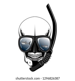 Skull with mask and snorkel for scuba diving. Vector image with sharks.