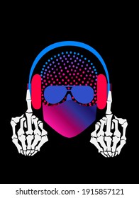 Skull with mask, sunglasses and headphones black and white vector background