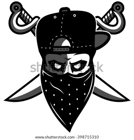 Skull in mask with swords on background logo mascot. Vector illustration. Character design.
