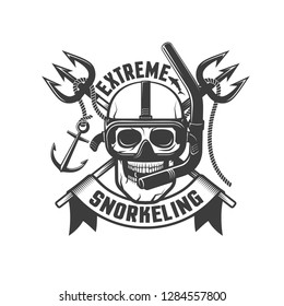 Skull in mask with tube for snorkeling and crossed tridents in the background - retro emblem. Diver logo, tattoo template.