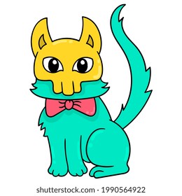 skull masked cat pretending to be a halloween ghost, vector illustration art. doodle icon image kawaii.
