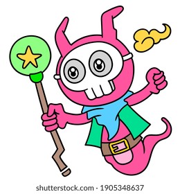 skull masked creature emoticon. a witch carrying a magic wand to gather strength, doodle draw kawaii. vector illustration art