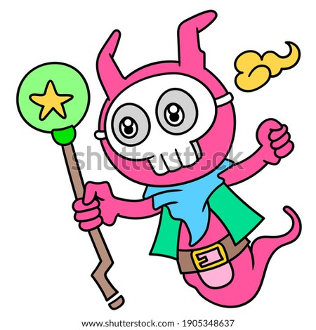 Vector skull masked creature emoticon. a witch carrying a magic wand to gather strength, doodle draw kawaii. vector illustration art