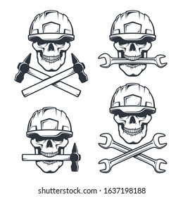 Skull mechanic in hard hat with wrench. Skeleton repairman in helmet with hammer. Vintage logo vector illustration.