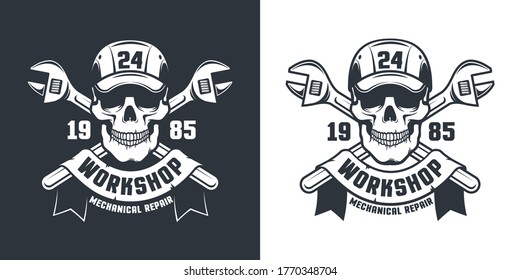 Skull Mechanic Worker - workshop retro emblem. Skeleton repairman and adjustable spanner. Repair service retro logo. Vector illustration.