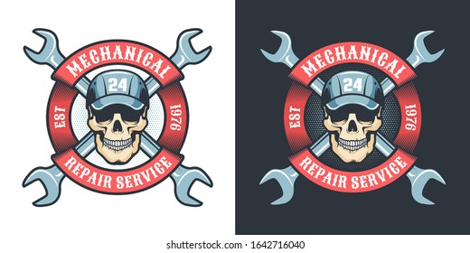 Skull mechanic with wrench and ribbon - vintage logo. Auto repair workshop retro emblem. Vector illustration.