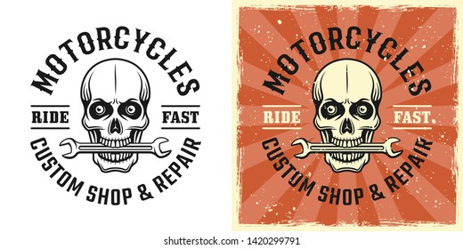 Skull of mechanic with wrench in teeth vector emblem, badge, label, logo or t-shirt print in two style monochrome and vintage colored