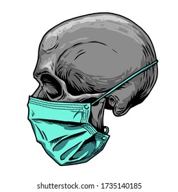 Skull in medical face mask. Infectious disease, flu protection, avoiding virus. Corona virus quarantine 2019-nCoV. Concept desing for print poster, shirt, desing tattoo, sigh. Vector illustration.