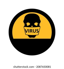 Skull with medical mask lettering virus, black and yellow colors, round sign for design on a white background, vector illustration