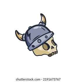 Skull with medieval helmet. Dead bones of Viking soldier. Cartoon illustration