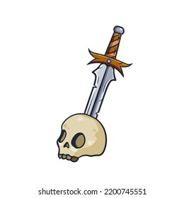 Skull with medieval Sword. Dead bones of soldier. Fantasy illustration.