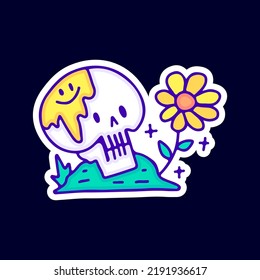 Skull with melted emoji face and sunflower illustration. Artwork for street wear, t shirt, posters, bomber jackets, hoodie, patchworks, enamel pins; for clothes.