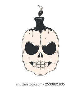 Skull with melting candle on top in black and white, Vector