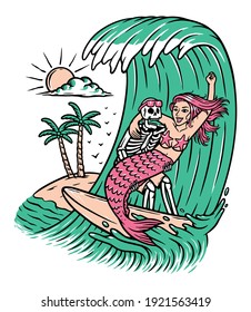 Skull and mermaid surfing illustration