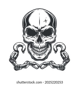 Skull and metal chains with hook in monochrome vintage style isolated vector illustration