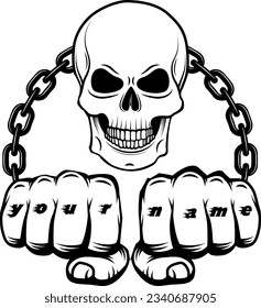 Skull and metal chains and name in hands