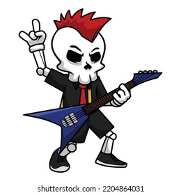 Skull Metal Guitarist Raising Hands While Playing Electric Guitar At A Concert. Skull Cartoon Illustration.