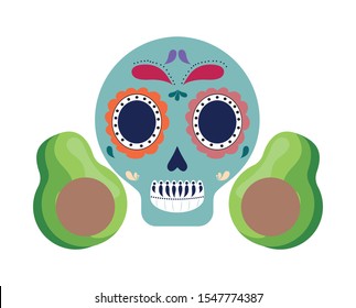 skull mexican with avocados isolated icon vector illustration design