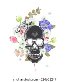 Skull. Mexican Day of the Death. Flowers and plants on a painting background. Could be used for T-shirt print, cards, banners. Vector illustration