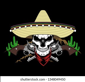 Skull in mexican hat with revolvers. Vector image on black background.