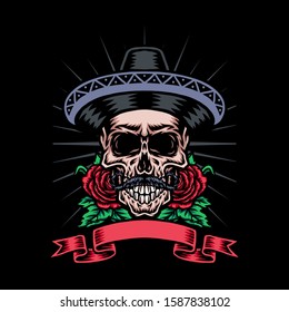 Skull in mexican hat with rose flower, vector illustration