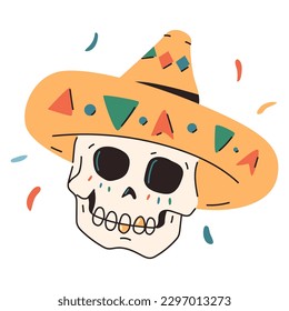 Skull in mexican hat vector cartoon Cinco de Mayo decorative element isolated on a white background.