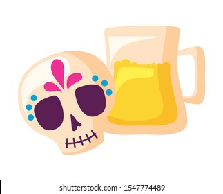 skull mexican with jar beer isolated icon vector illustration design