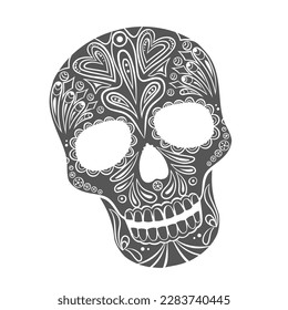 Skull with Mexican pattern glyph icon vector illustration. Stamp of gothic skeleton with tribal motif and traditional symbol of Day of Dead holiday, floral ornament, flowers and swirls on skull
