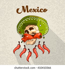 Skull Mexican Sombrero Hat Mexico Chilly Pepper Flat Vector Illustration