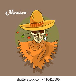 Skull Mexican Sombrero Hat Mexico Flat Vector Illustration