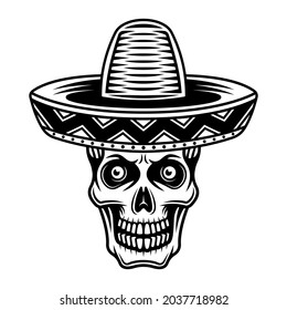 Skull in mexican sombrero hat vector illustration in monochrome vintage style isolated on white background