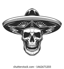 Calavera en sombrero mexicano con cabeza en vintage monocromática aislada de ilustración vectorial