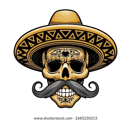 Skull in mexican sombrero, vector Mexico Day of the Dead or Halloween holiday party. Cartoon mexican Dia de los Muertos sugar skull skeleton with traditional sombrero hat, floral pattern and mustache