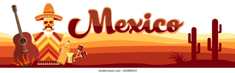 Skull Mexican Traditional Sombrero Hat Clothes With Guitar Over Mexico Desert Background Flat Vector Illustration