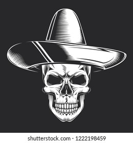 Skull in Mexican vintage style. Monochrome vector illustration.