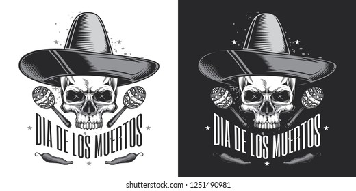 Skull in Mexican vintage style. Monochrome vector illustration.