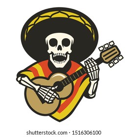 Skull mexican wearing sombrero and playing guitar