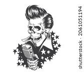 Skull with microphone and grease hair in rockabilly style. Dead rock and roll singer. Vector illustration.